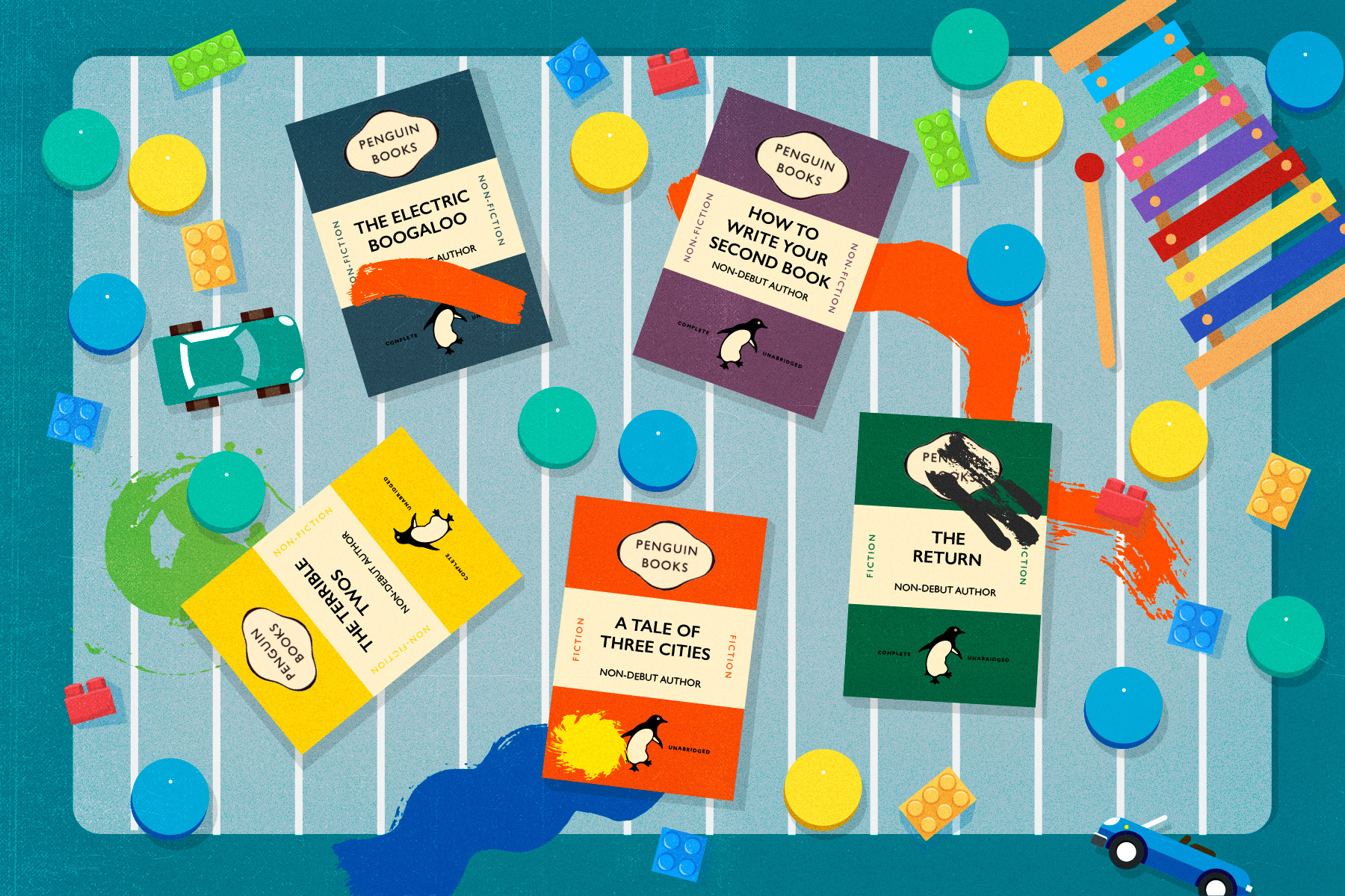 An illustration of Penguin books on a playmat with toys