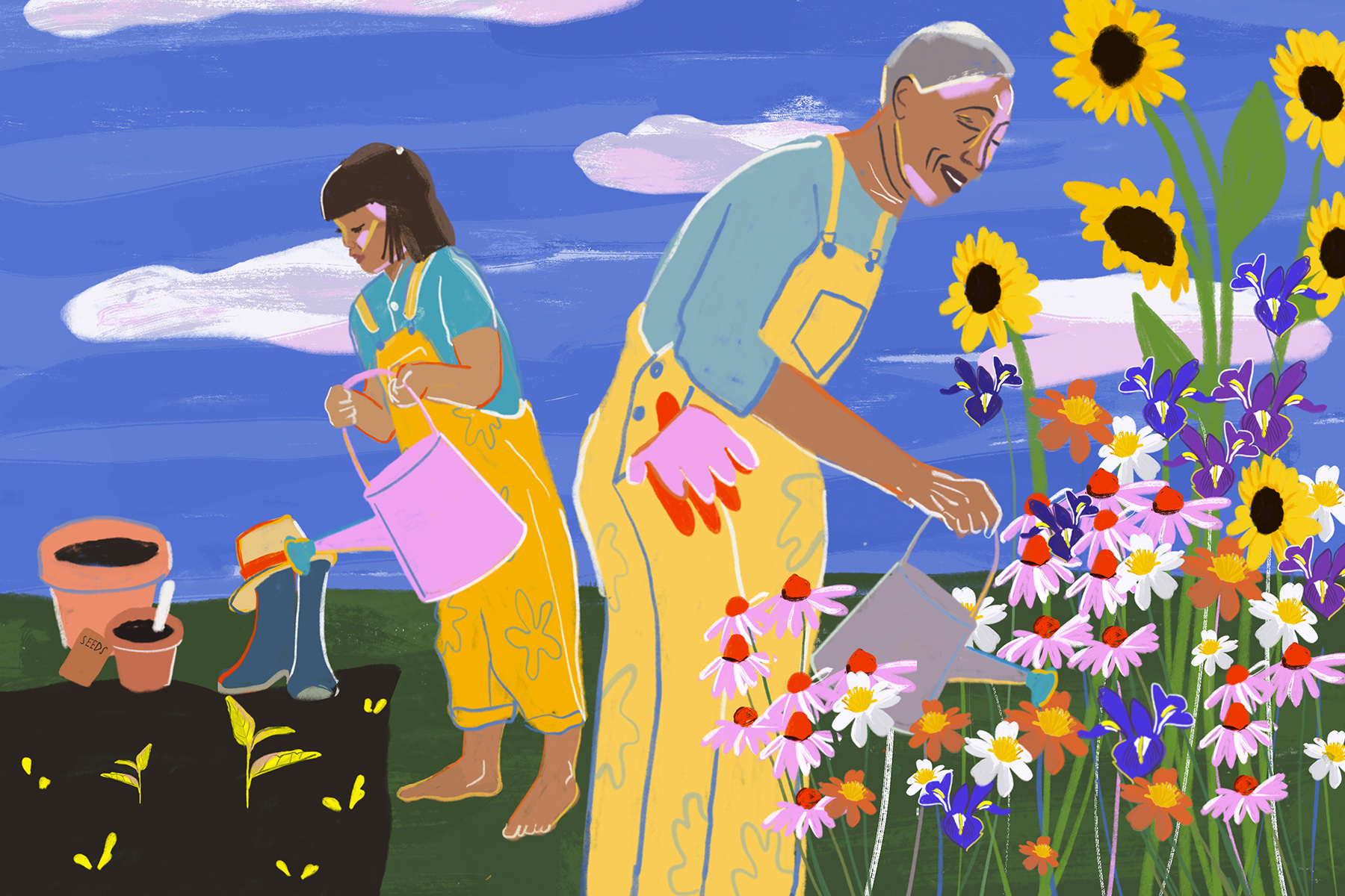 An impressionist illustration of two people gardening, a young person on the left, and an older one on the right. The younger is watering seedlings, whereas the older is watering a full flower bed