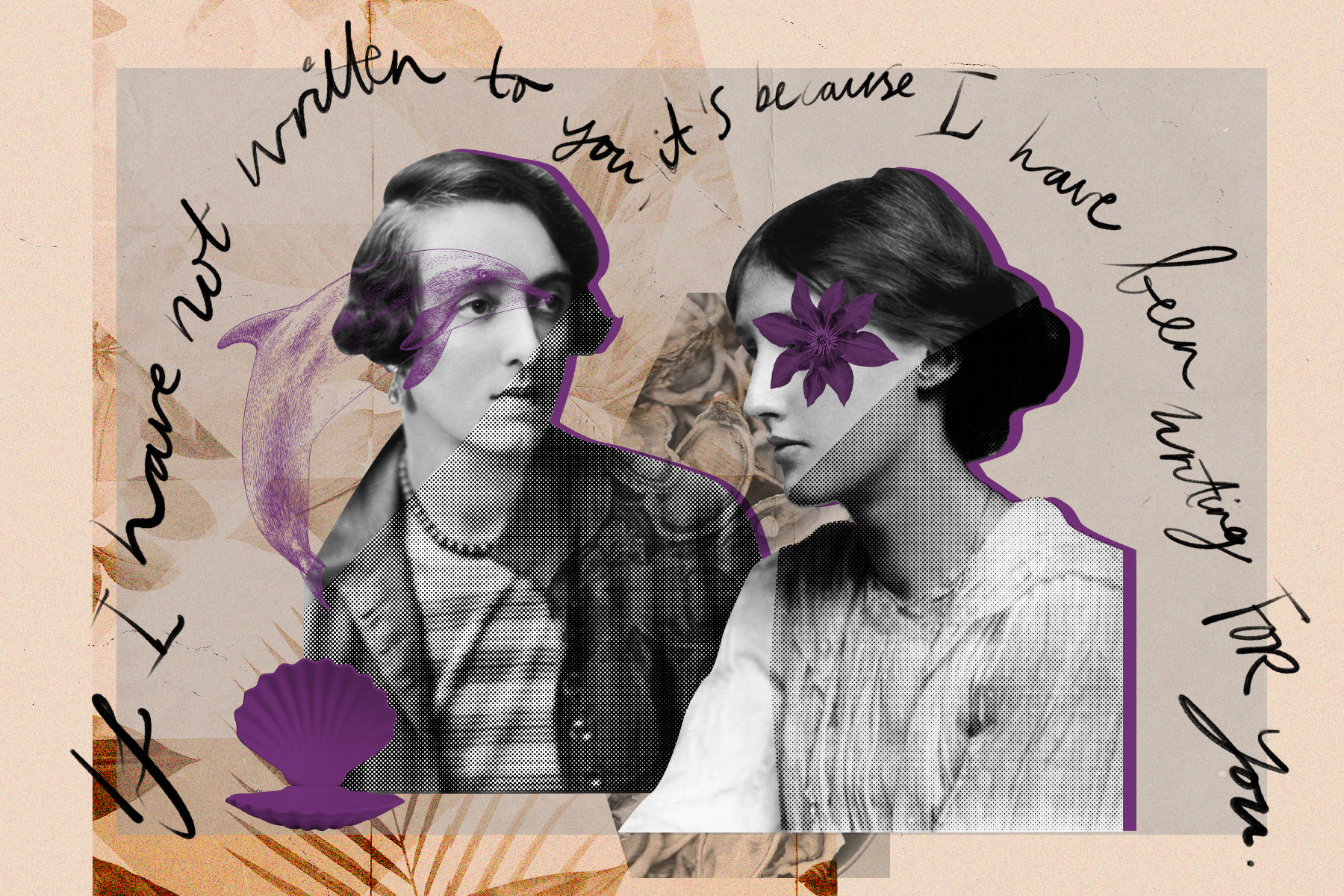 A collage of images of Vita Sackville-West and Virginia Woolf with illustrations of love letters