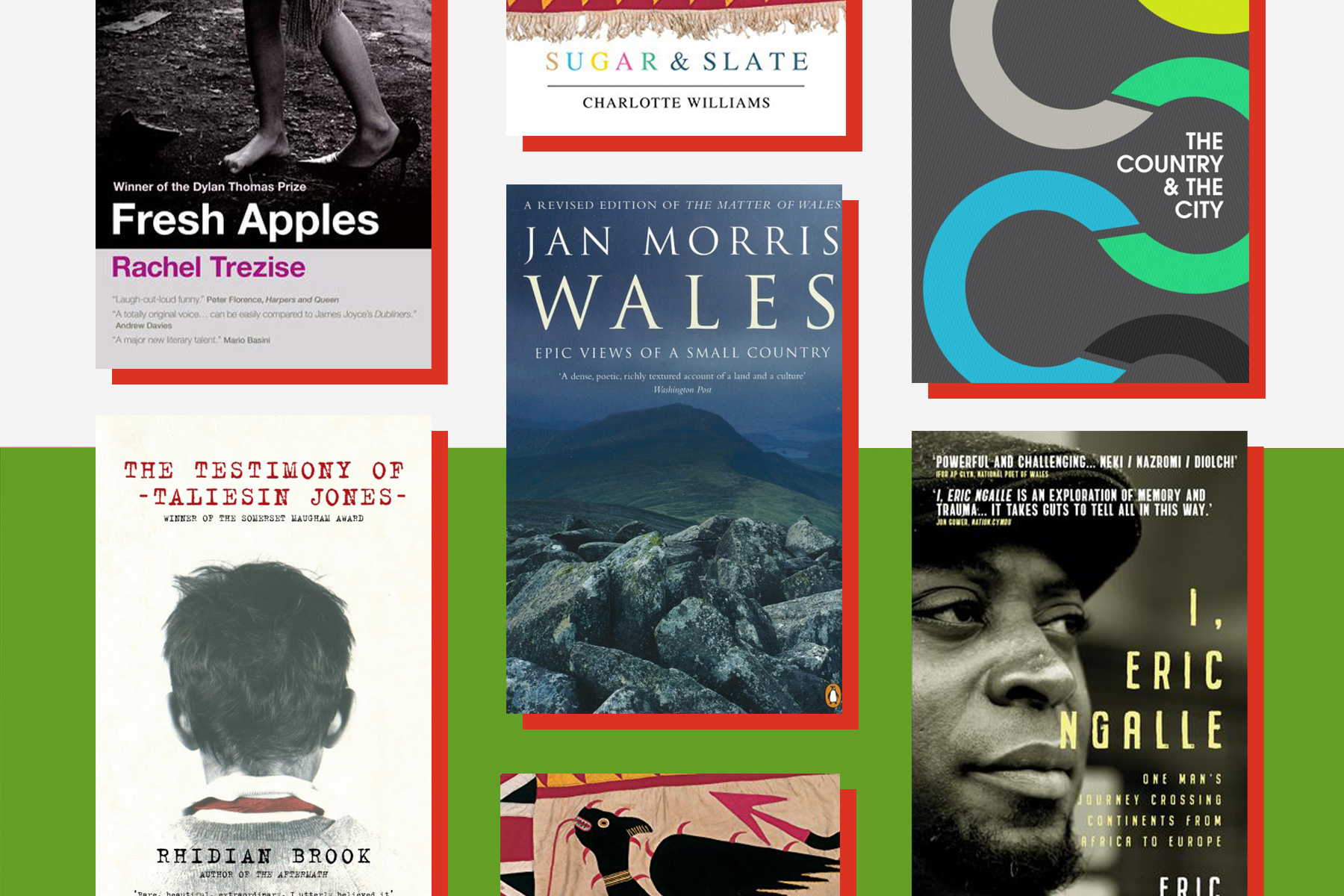 Covers of Welsh books against a green and white background.