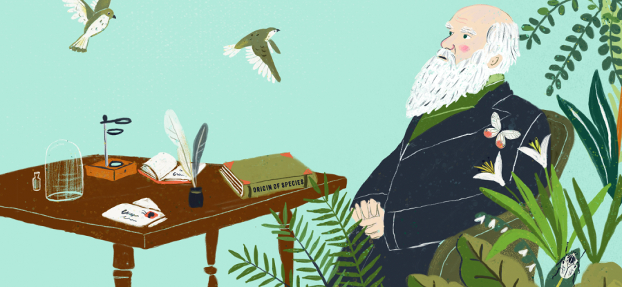 An illustration of Charles Darwin sitting at a table surrounded by plants and birds