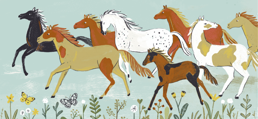 An illustration of a group of wild horses running together