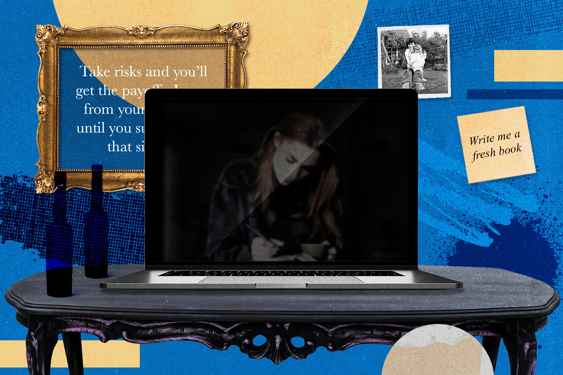 An illustration of a laptop on a desk against a blue background, with images and quotes on the wall