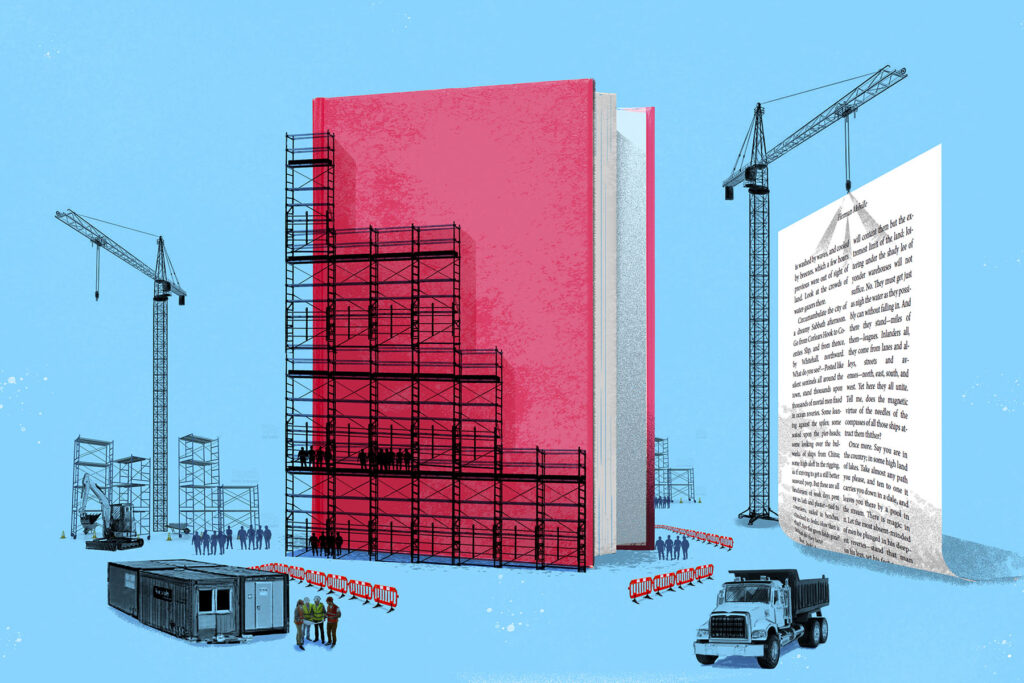 A big red book with scaffolding around, so it looks like it's on a building site, surrounded by tiny workers and fencing.