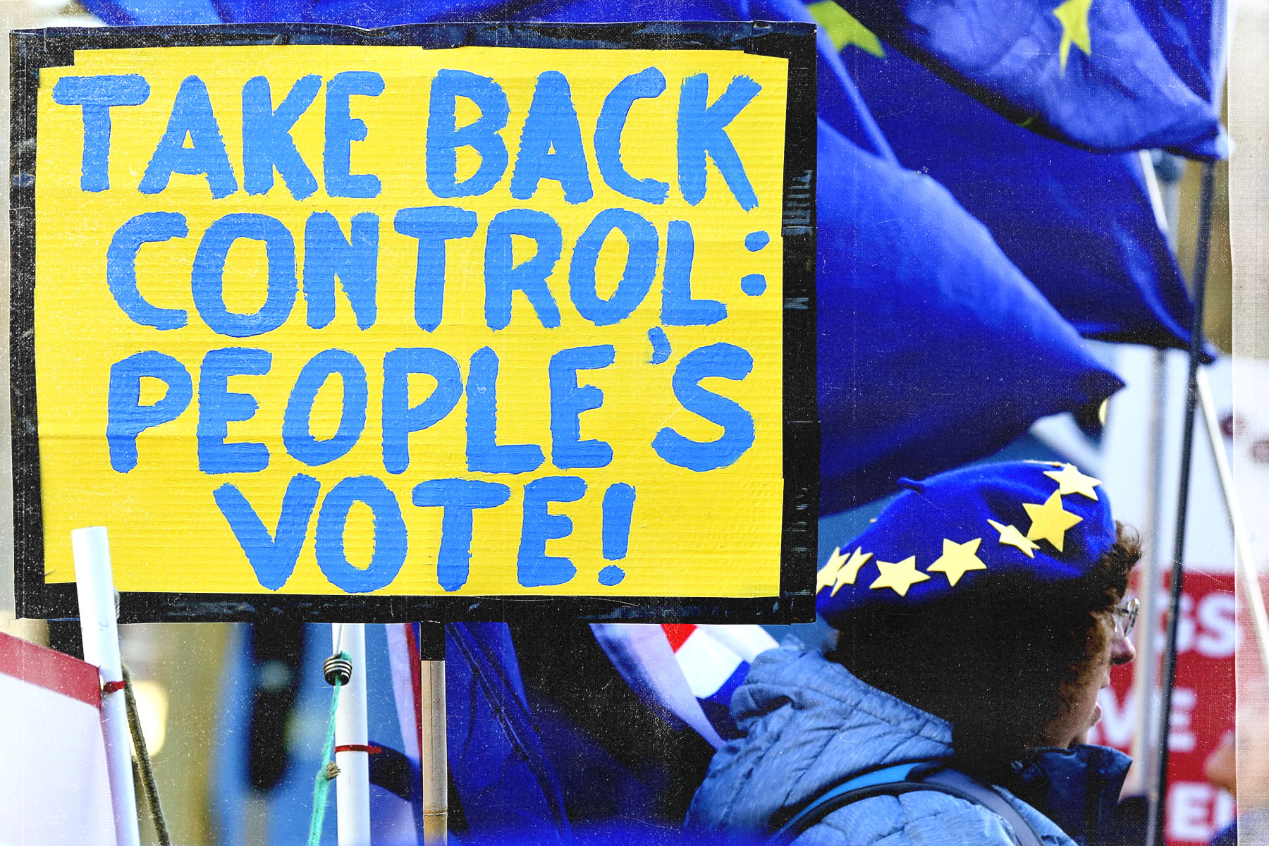 A photograph of a 'Take back control' Brexit sign.