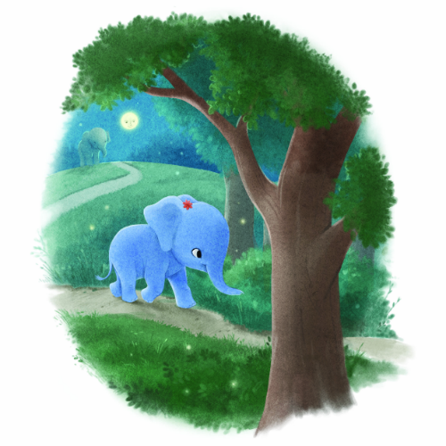 An illustration of a little elephant walking along a path under trees