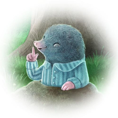 An illustration of a little mole in pyjamas popping out of his hole in the ground