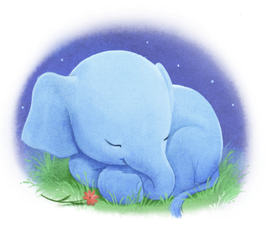 An illustration of a little elephant curled up asleep