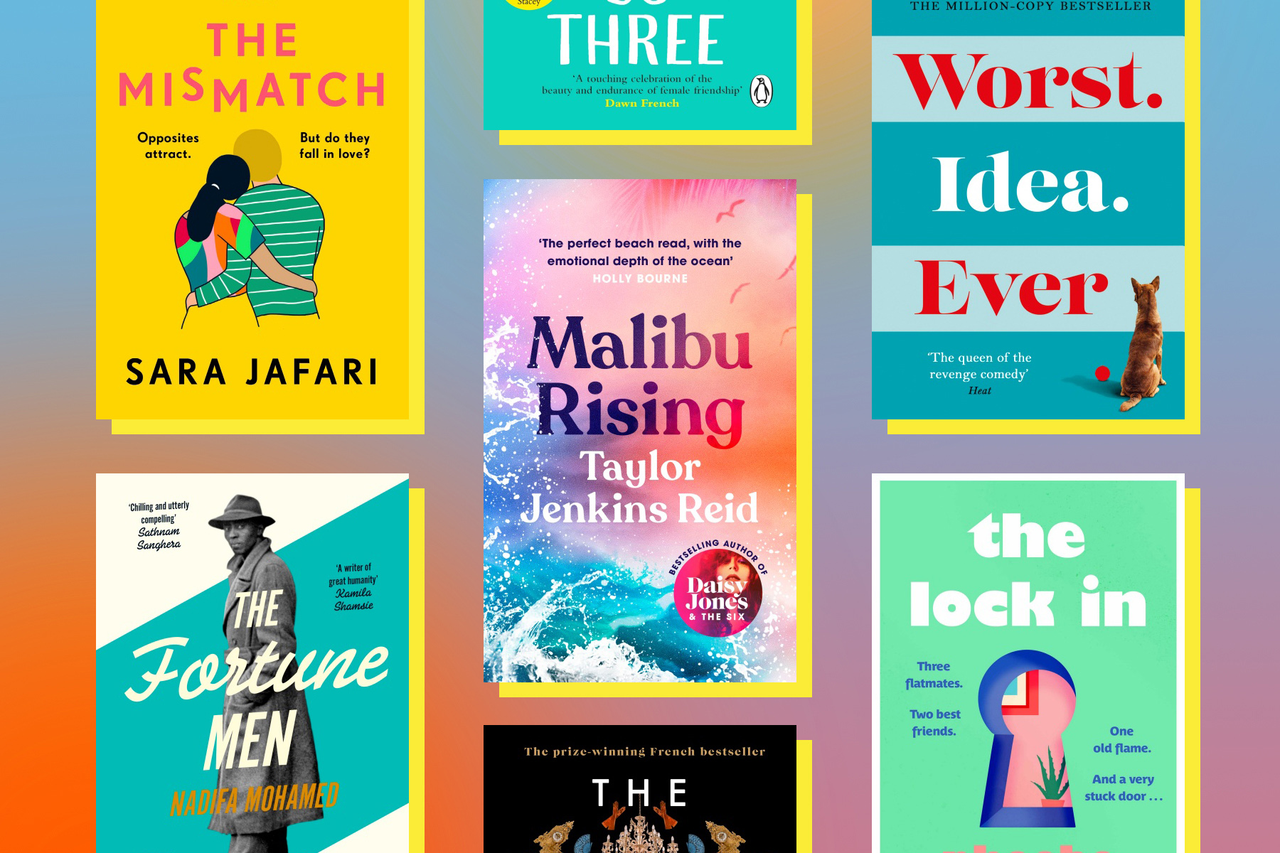 A collection of book covers on a bright background.