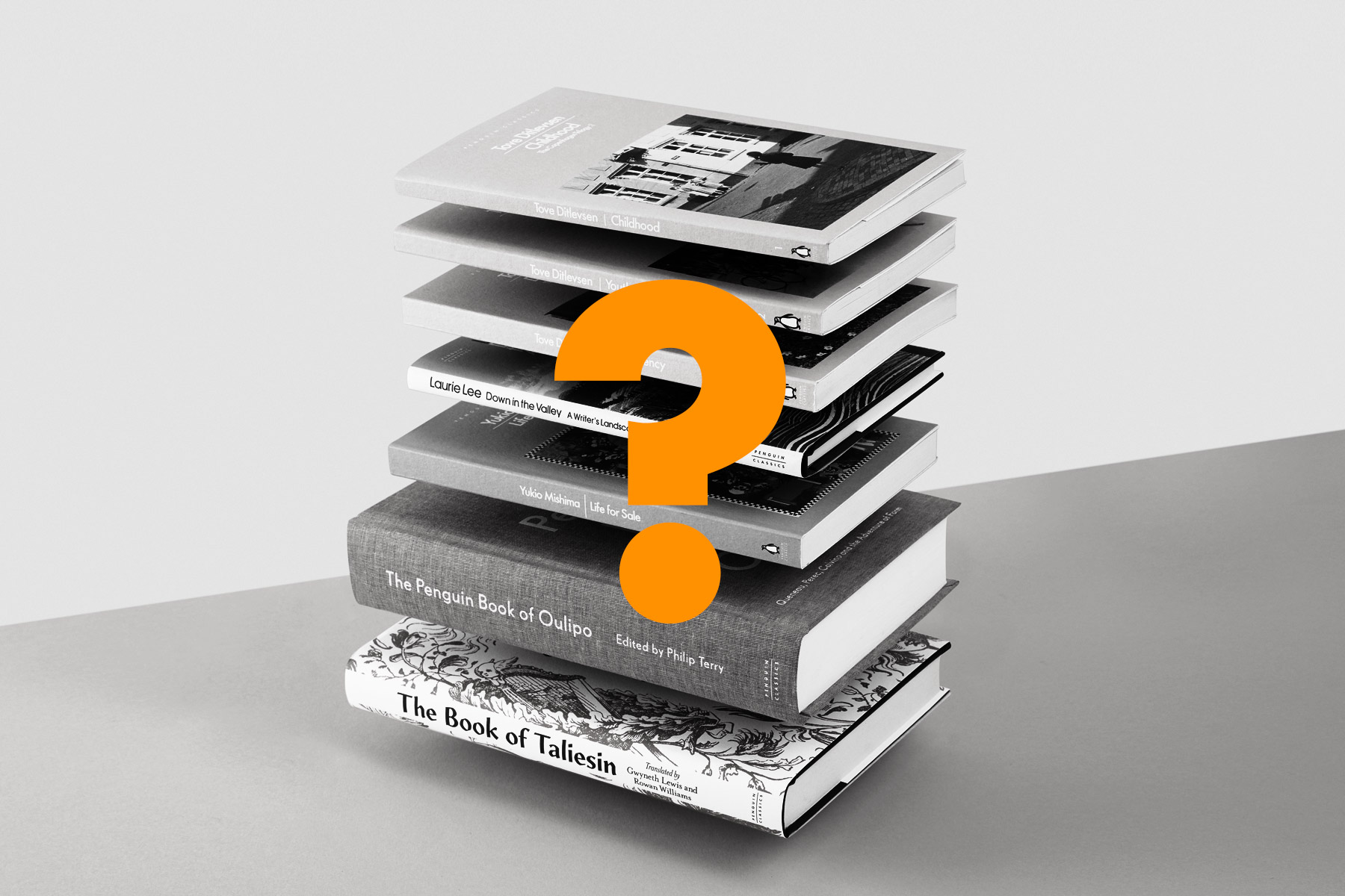 A pile of books in grayscale, with an orange question mark overlaid.