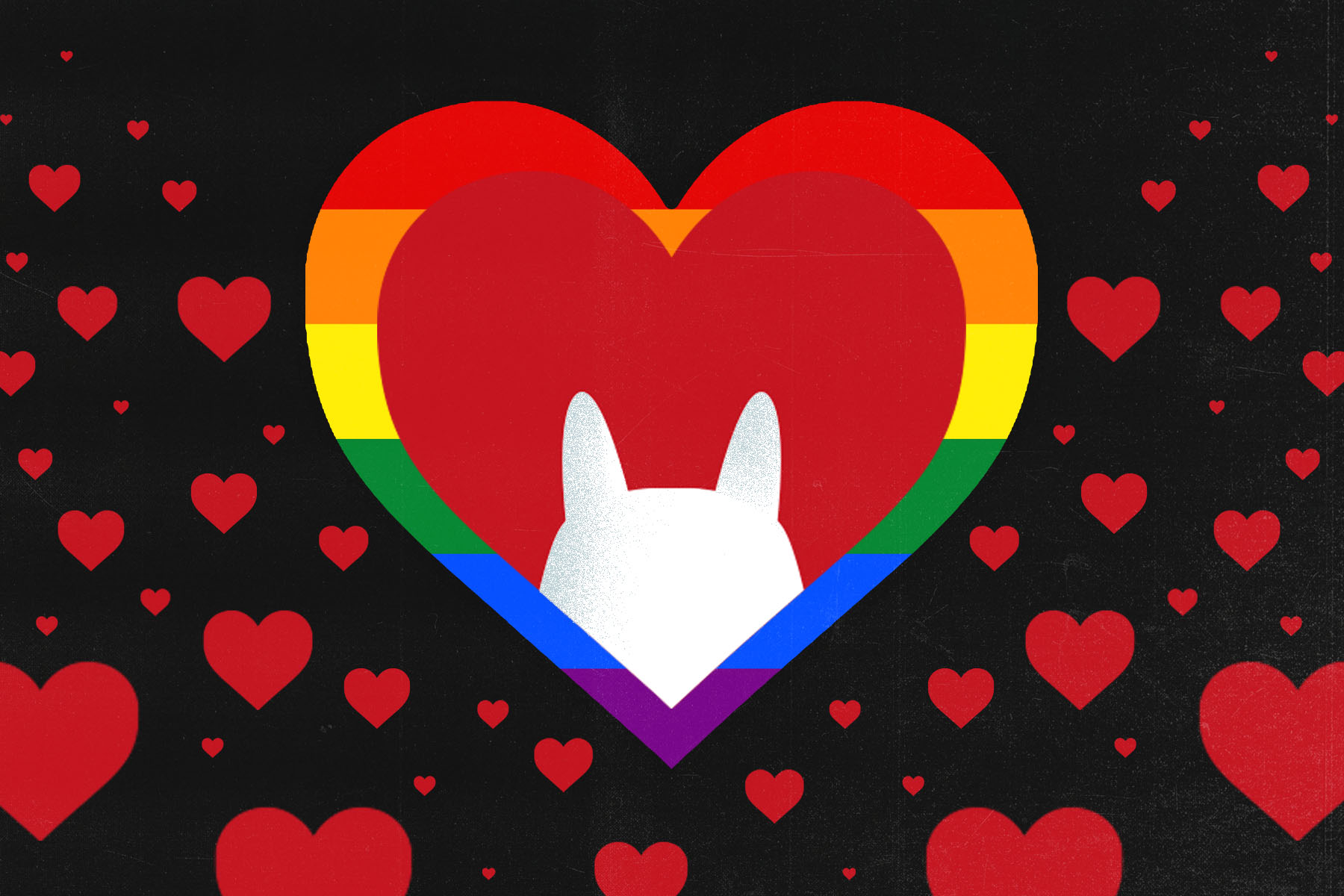 A silhouette of a moomin in a red heart, surrounded by a rainbow border, against a backdrop of floating hearts.
