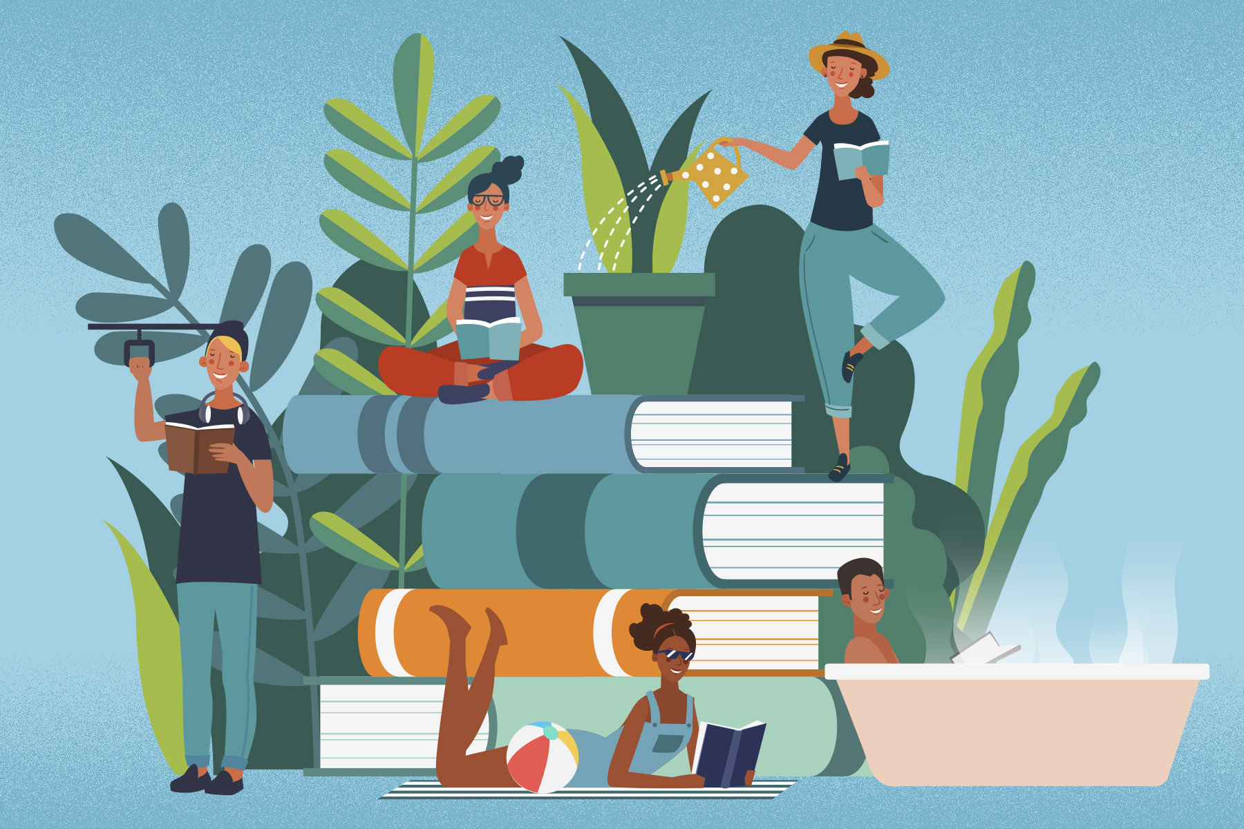 An illustration of people reading books in different ways, while perched around a large pile of books
