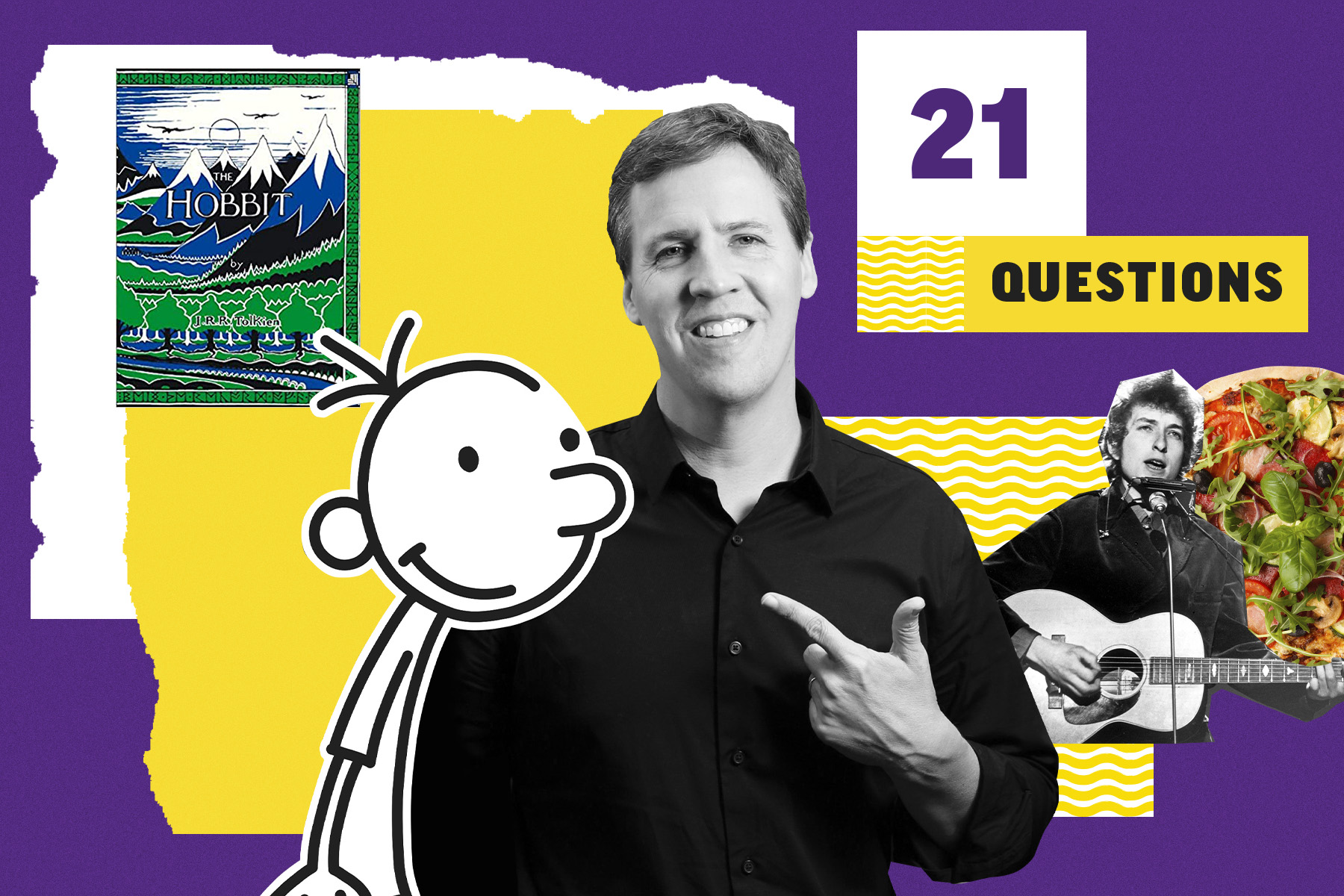 A photograph of author Jeff Kinney against a purple background, overlaid with the article title 21 Questions