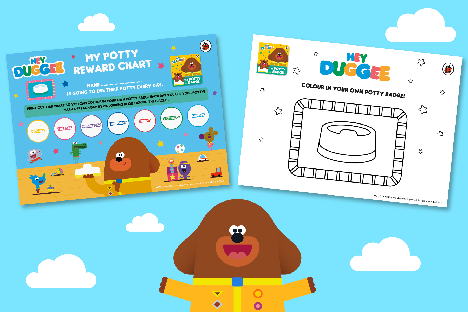 Image of Hey Duggee potty reward chart and badge to colour in on a blue cloud background