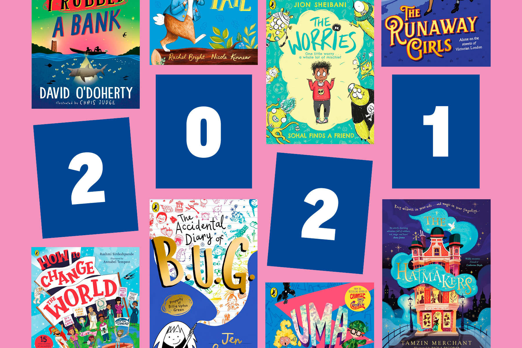 A selection of the best Puffin books out in 2021 on a pink background