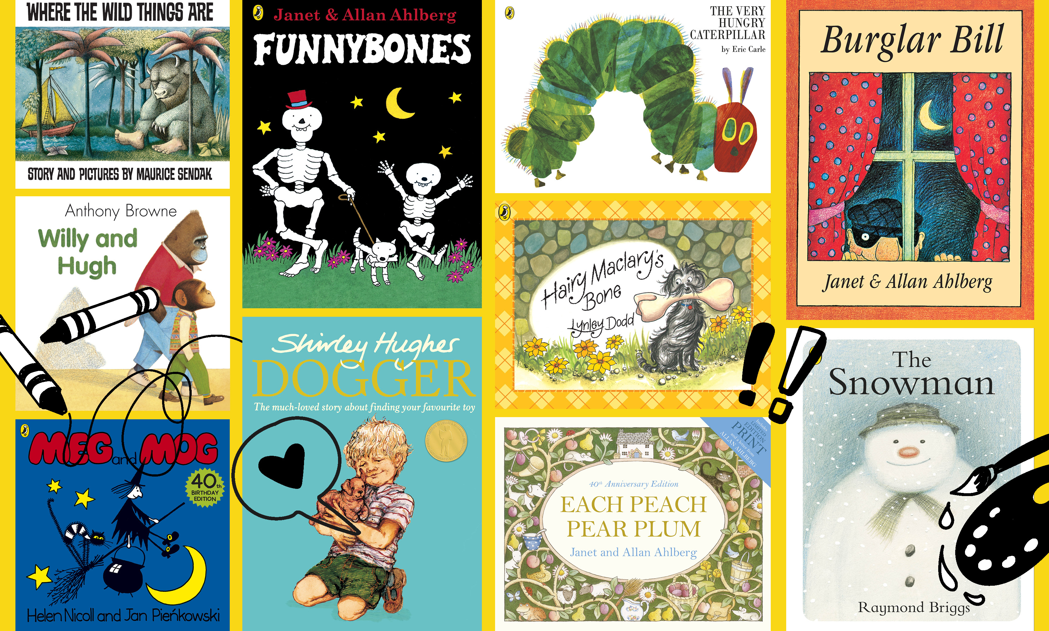 A selection of classic children's picture books on a bright yellow background