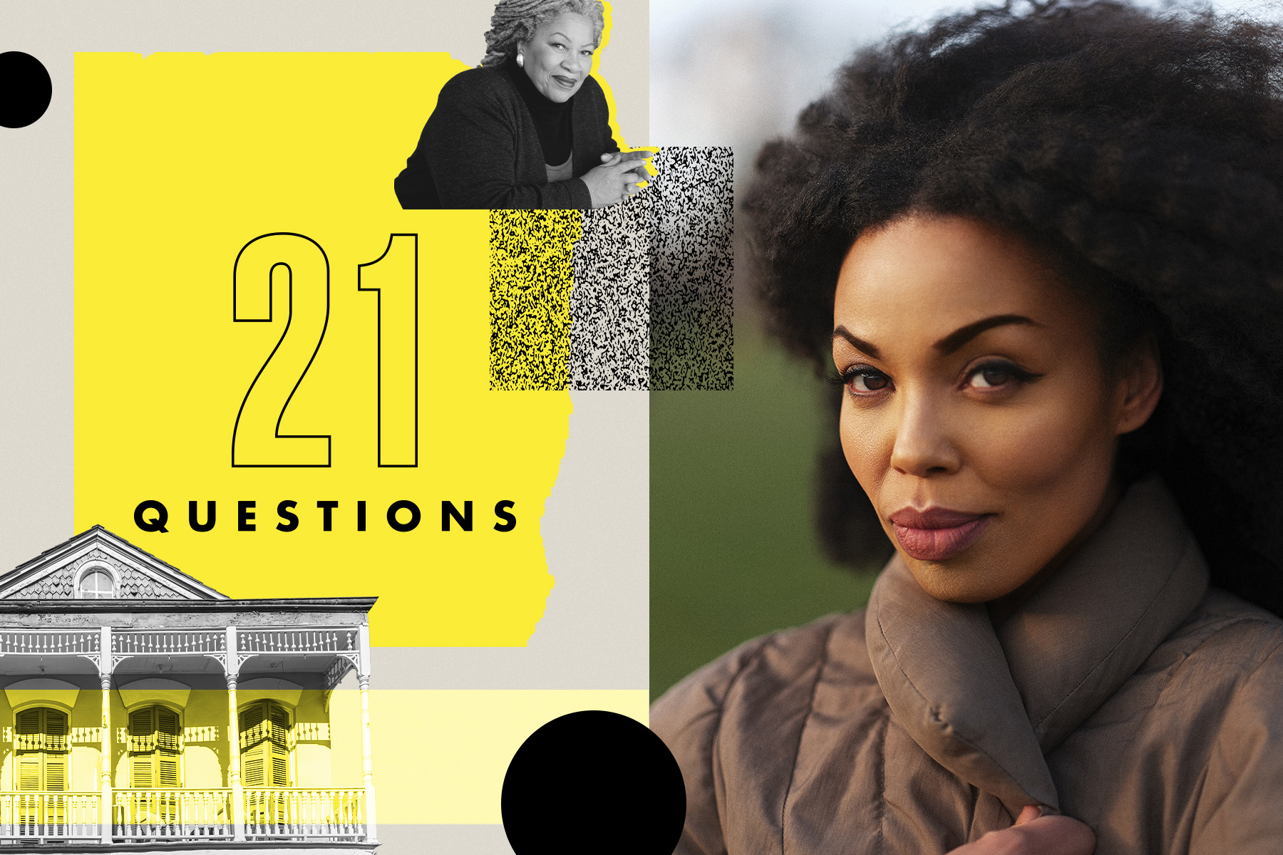 A split image with the words '21 Questions' on the left in yellow and a photo of author Emma Dabiri on the right