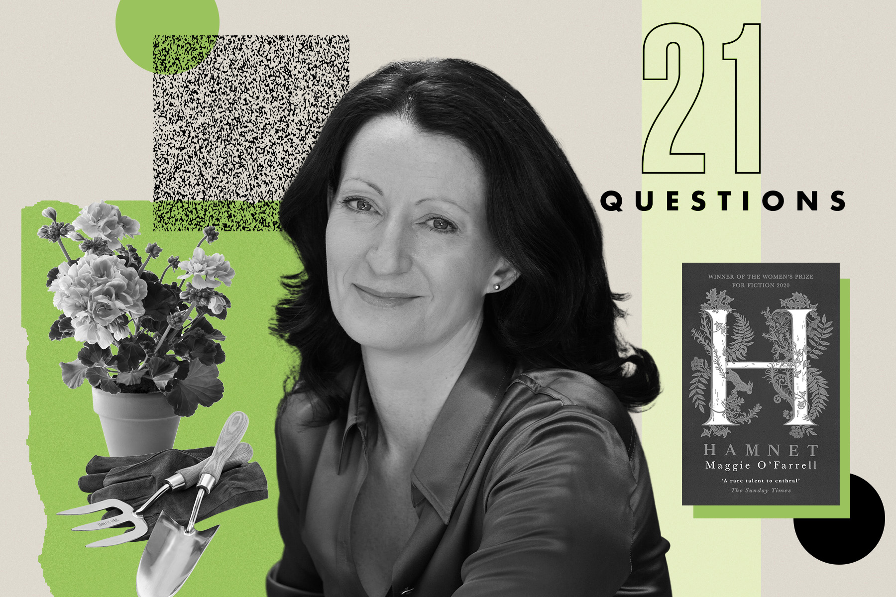A photo of Kathleen MacMahon in black and white against a green-tinged background, alongside a flower, a copy of the book 'Hamnet' and the words "21 questions" in the top right hand corner