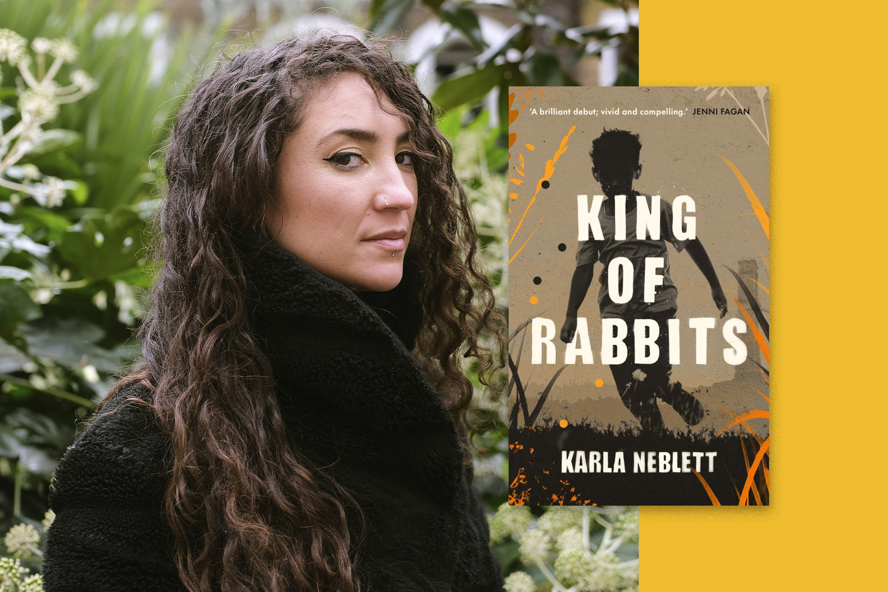 A photograph of Karla Neblett, collaged next to the cover of her book, King of Rabbits