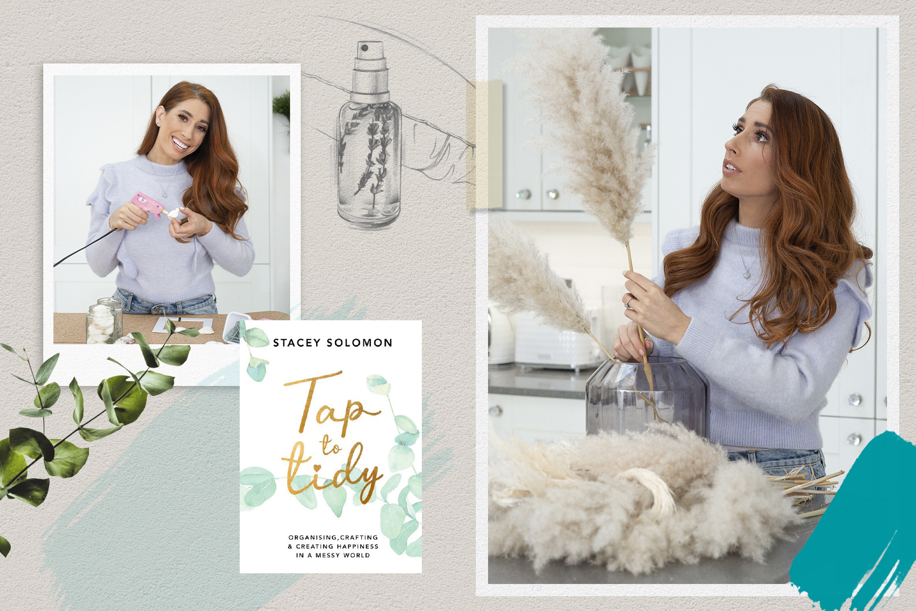 Photographs of Stacey Solomon with the cover of her book