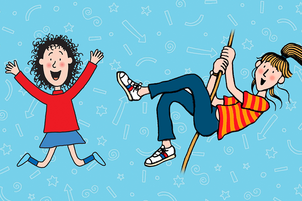 An illustration by Nick Sharratt of the characters Tracy Beaker and Katy. Tracy is jumping in the air with joy and Katy is swinging from a rope and laughing. They are both against a light blue, doodled background 