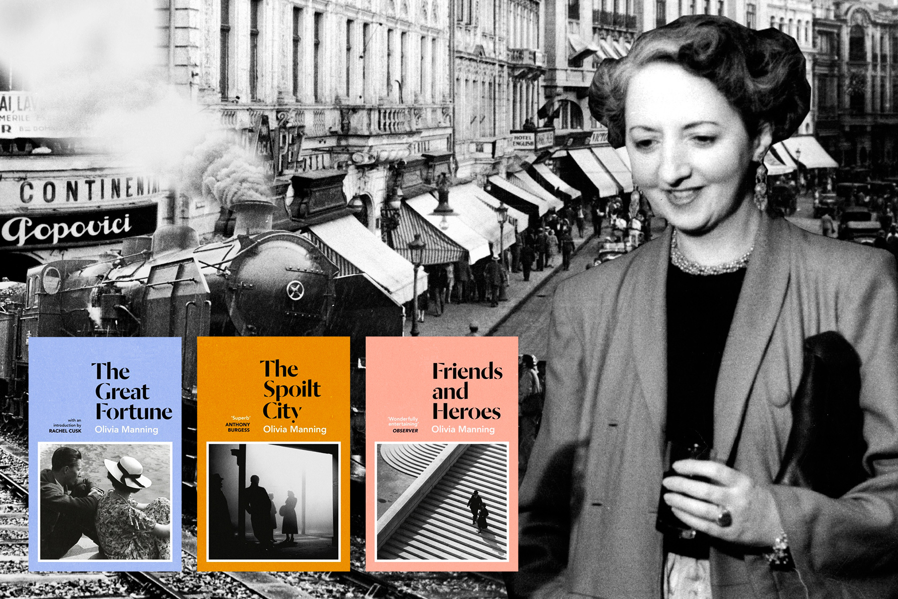 A collage of a black-and-white photograph of Olivia Manning against a background of Bucharest, with book covers