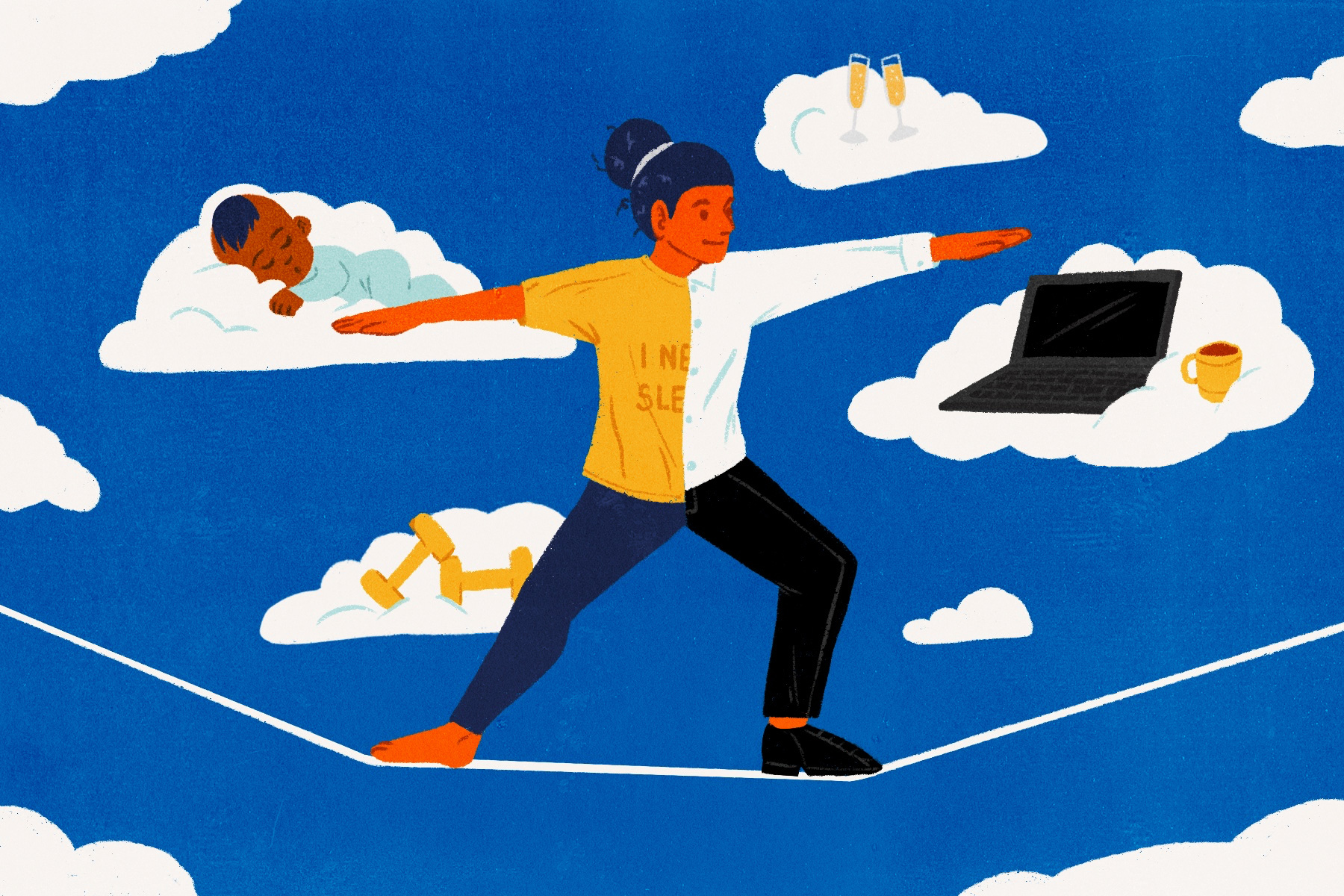 An illustration of a woman walking a tightrope, with a baby to the left of her and a computer to the right
