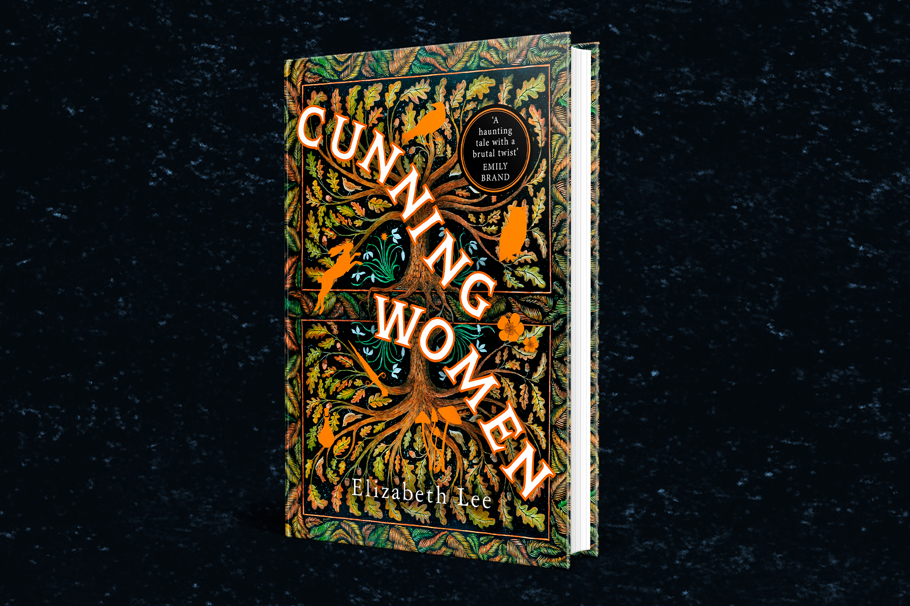 A black starry background, with a hardback book standing in the centre. The hardback book is covered in leaves, with a large tree in the middle. In copper text across the front is the title, 'Cunning Women'.