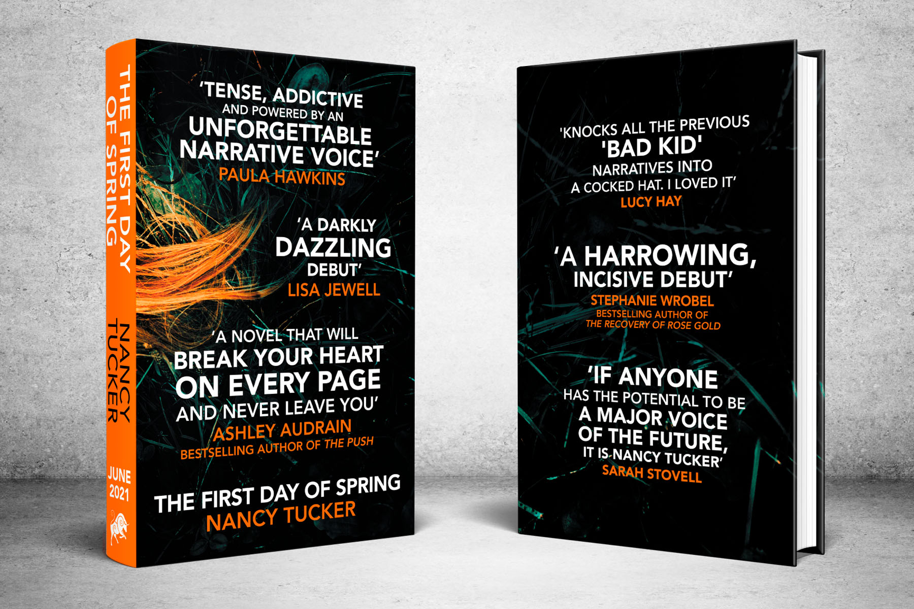 Two books standing upright with a dark green grass cover. Auburn hair is across the front cover of one book and each has large and small font in orange and white with quotes from authors
