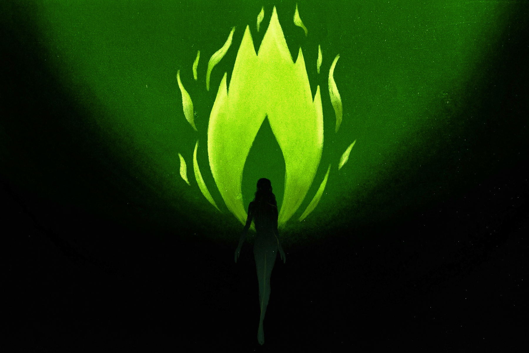 An illustration of a woman's silhouette against a green flame