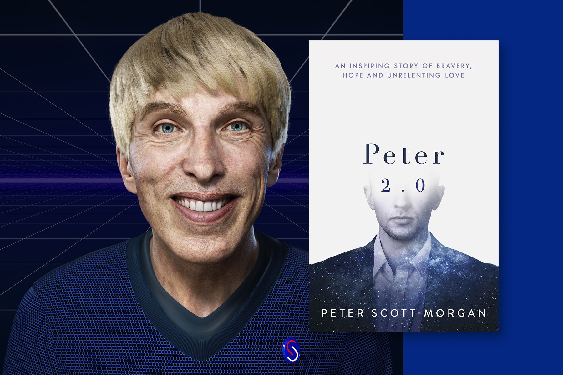 A photograph of Peter Scott-Morgan next to the cover of his book