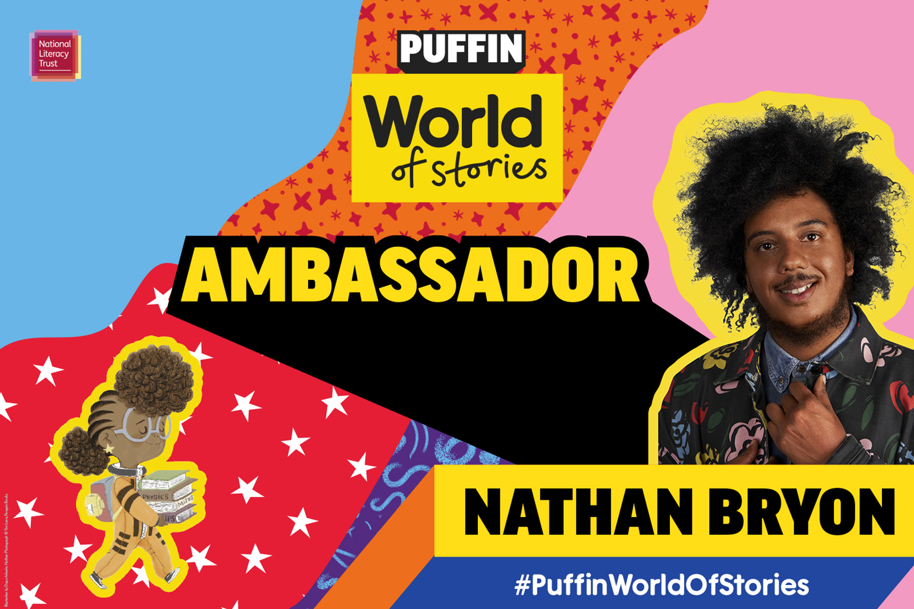 Photo of Nathan Bryon, Puffin World of Stories ambassador on a colourful background
