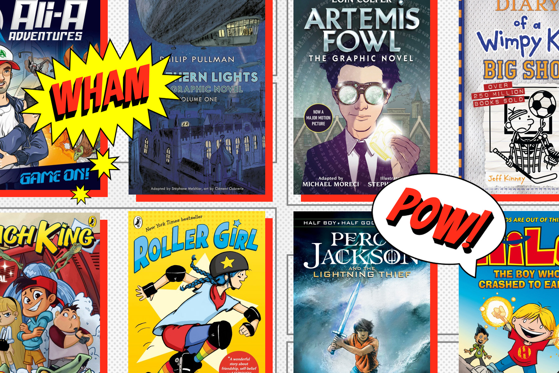 A picture of several children's graphic novel books on a comic strip style background alongside cartoon sound words, 'Wham' and 'Pow'