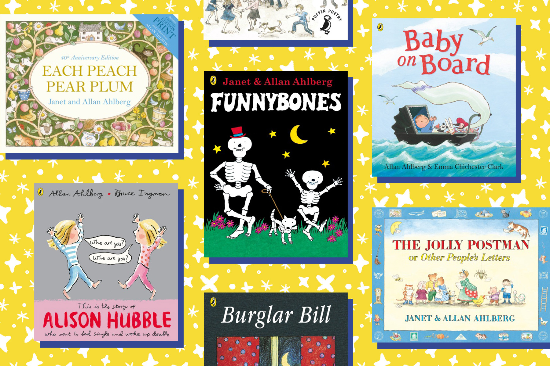 A selection of Janet and Allan Ahlberg's books on a yellow background