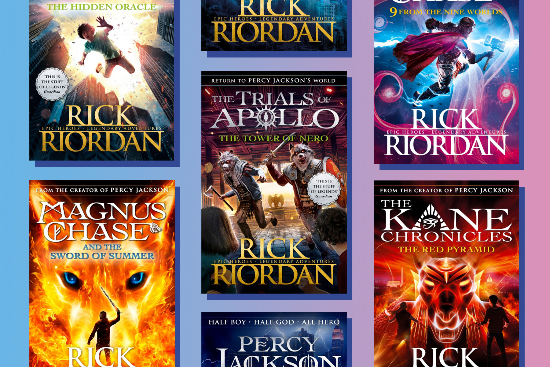 A selection of Rick Riordan's books on a blue and pink faded background