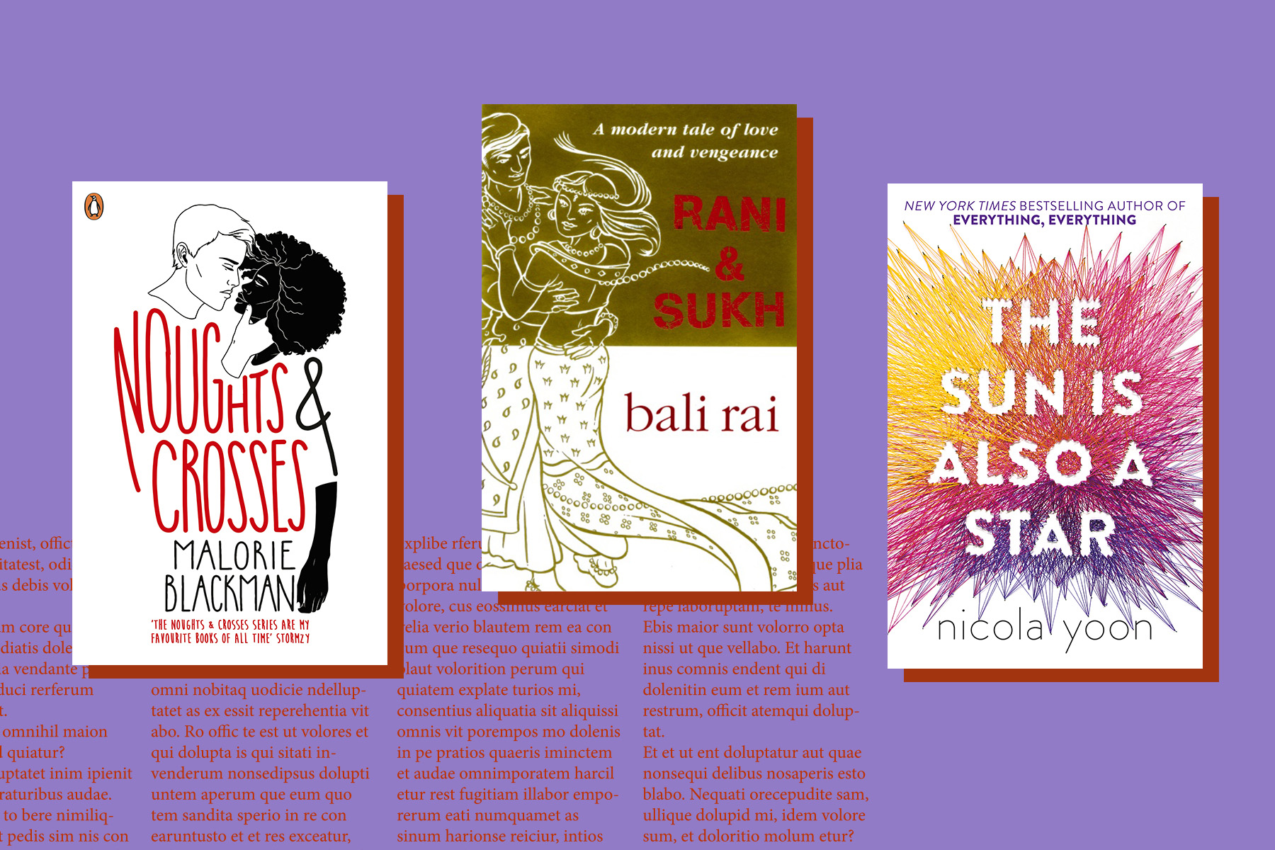 The covers of Noughts and Crosses, Rani and Sukh and The Sun is Also a Star overlaid on a purple background