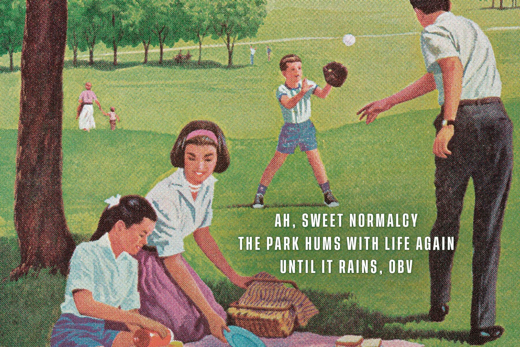 A 1950s-style illustration of a day in the park with a funny haiku laid over it, which is included in this article.