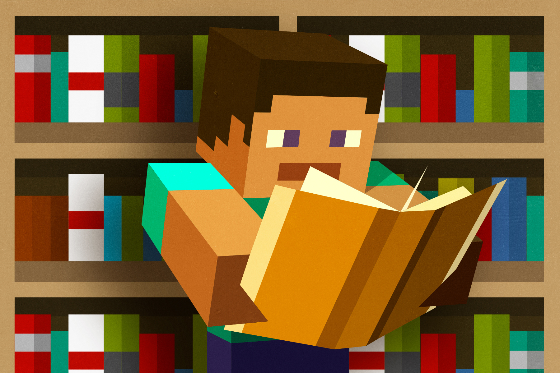 An illustration of a man reading, drawn in the style of the video game Minecraft.