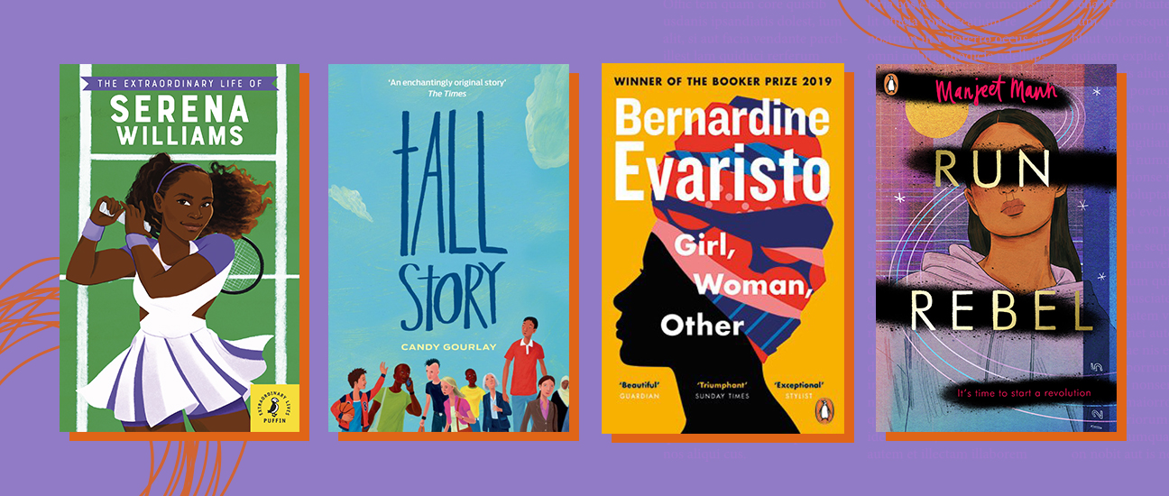 4 book covers on a purple background: The Extraordinary Life of Serena Williams, Tall Story, Girl Woman Other and Run Rebel