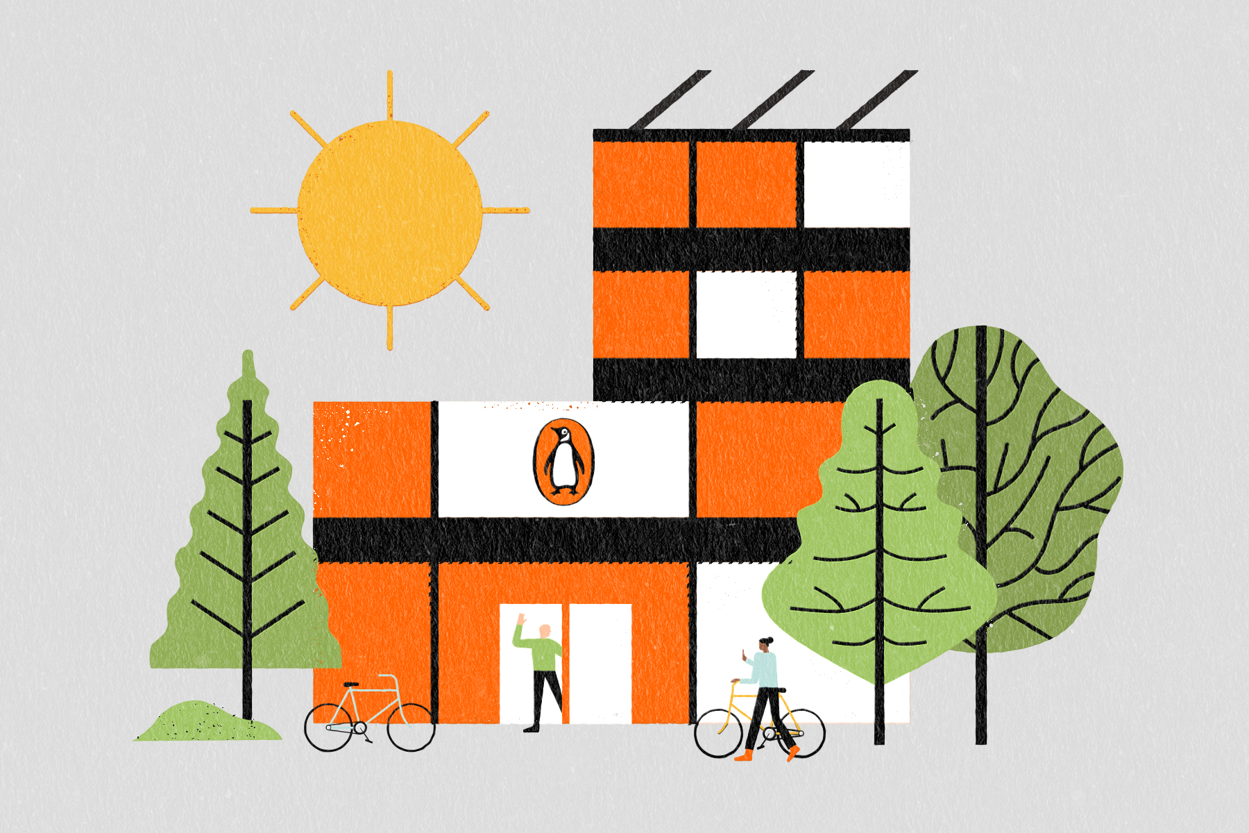 Illustration of two people at an office space, with trees and bikes