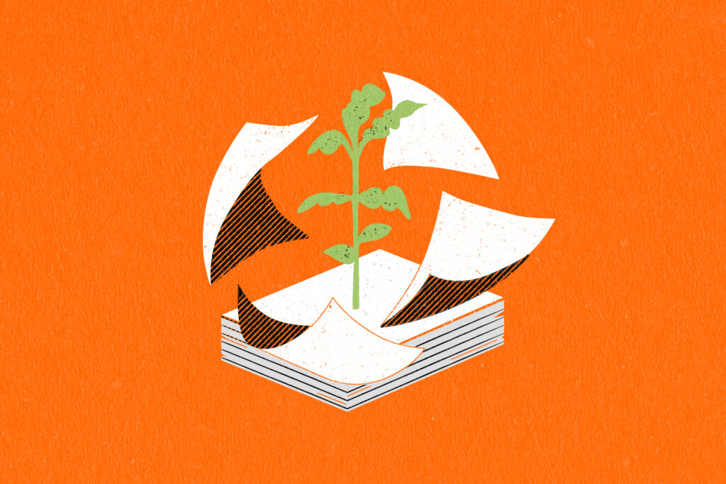 Illustration of a plant growing through a book, scattering pages