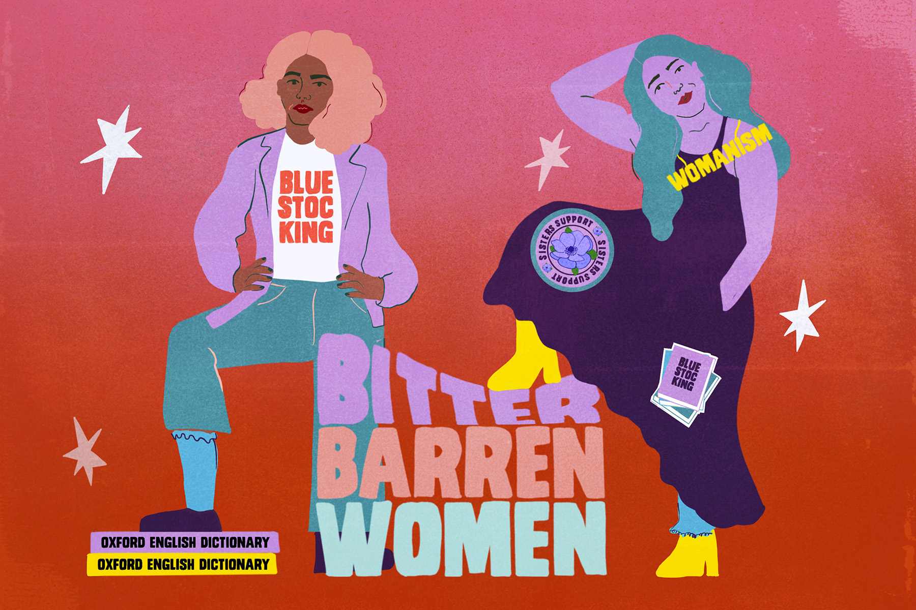 An illustration of two women surrounding the words 'Bitter barren women'