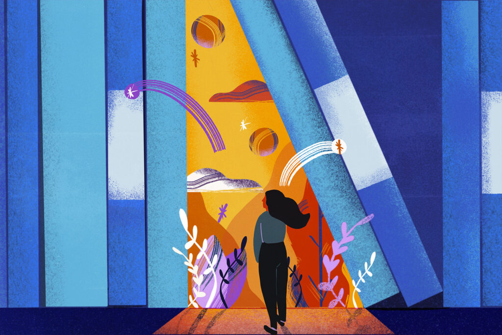 An illustration of a female figure looking into a colourful, exciting landscape visible through a gap between several tall books.