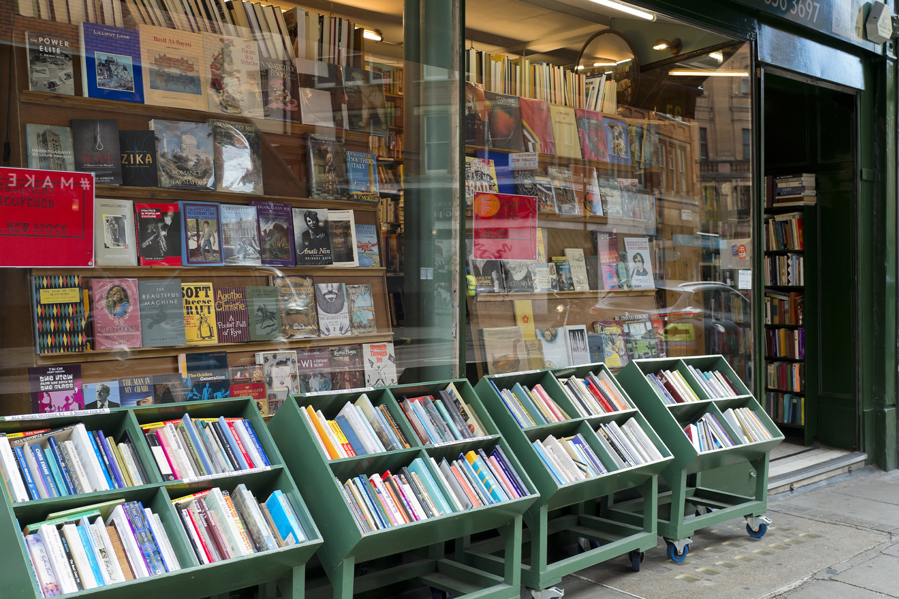 A photograph of stalls of books outside a bookshop
