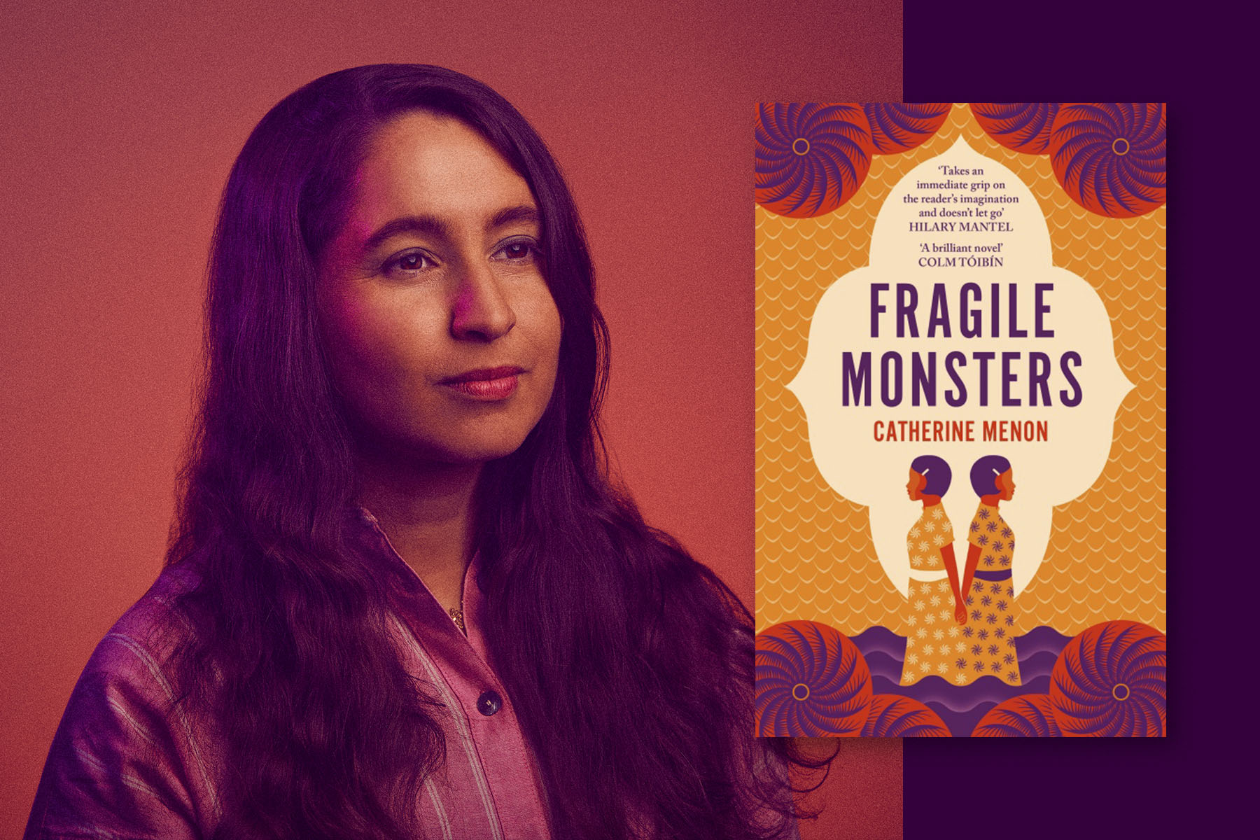 A photo of author Catherine Menon on a red background, next to her book Fragile Monsters.