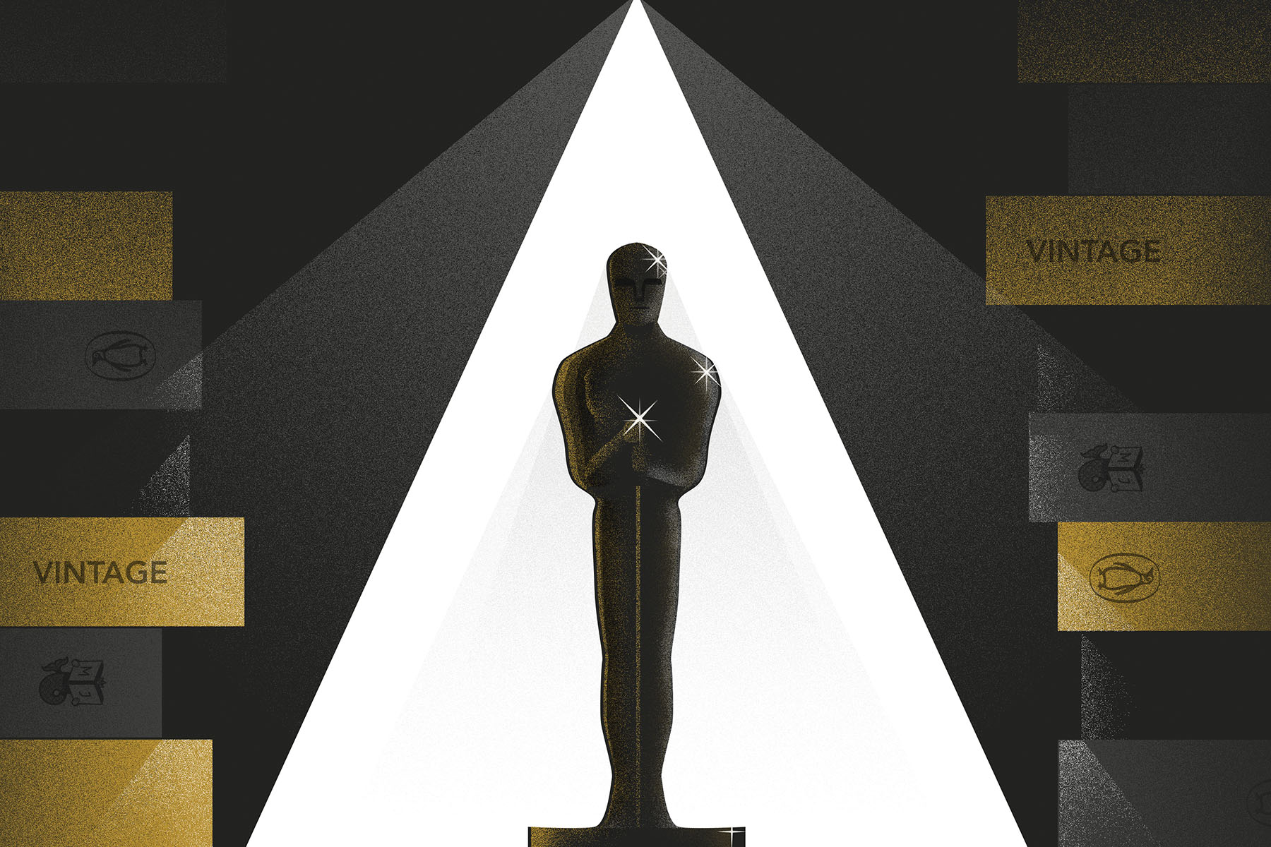 An illustration of an Oscars statuette with penguin imprint names on gold category titles on either side.