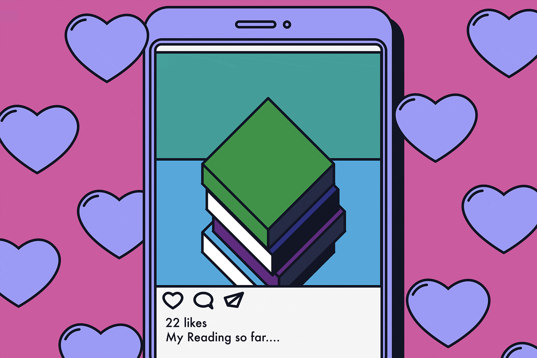 A gif of illustrated social media screens showing book piles and reading numbers.