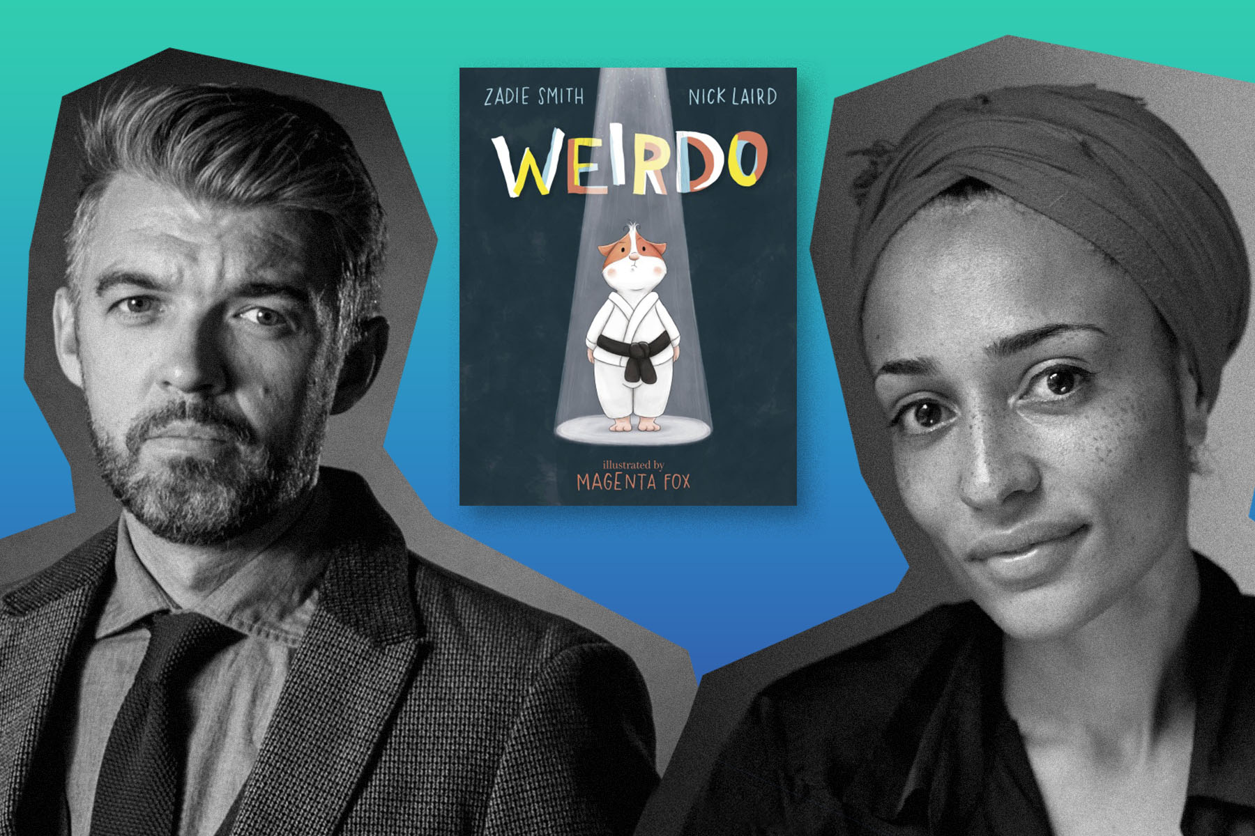 A collage of black and white photos of Zadie Smith and Nick Laird, and the cover of their new children's book, Weirdo.
