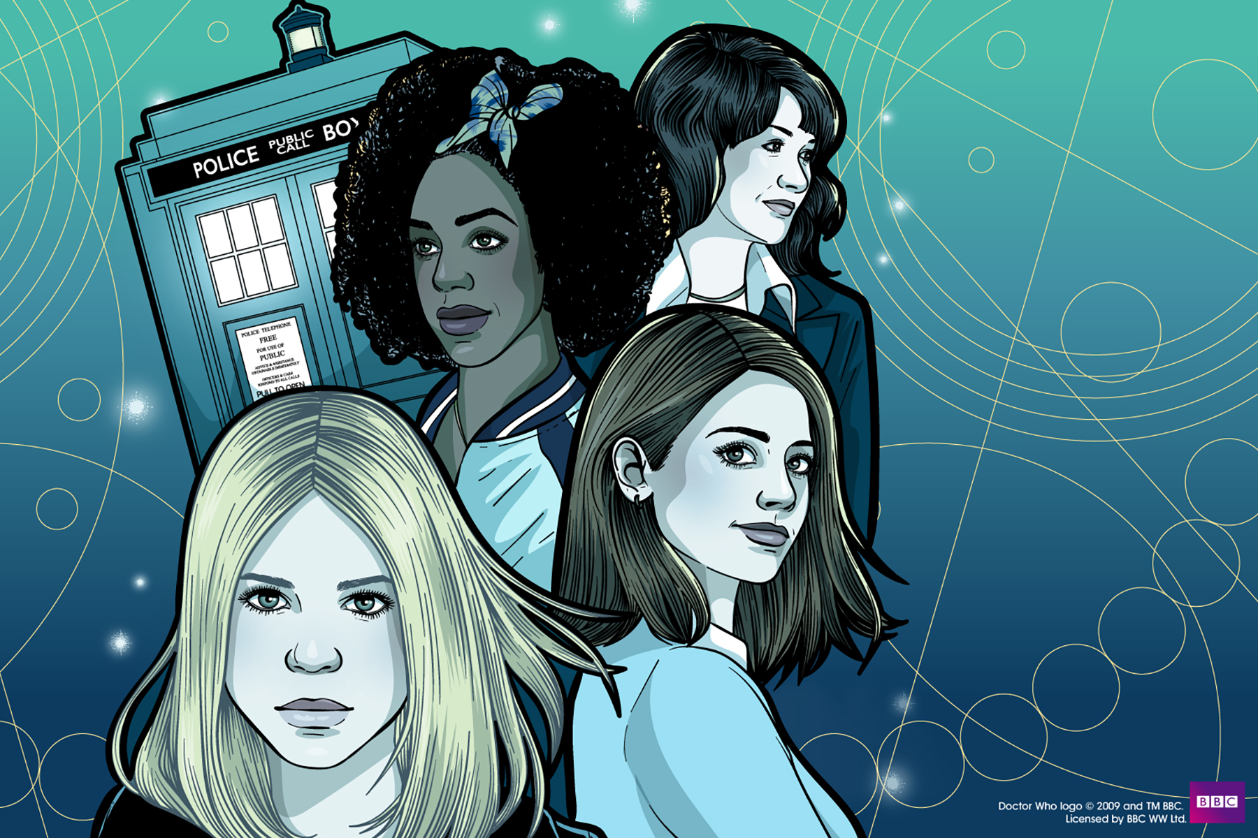 An illustration in a graphic, comic book-style from the book The Day She Saved the Doctor featuring four of Doctor Who's companions; Rose, Clara, Sarah-Jane and Bill