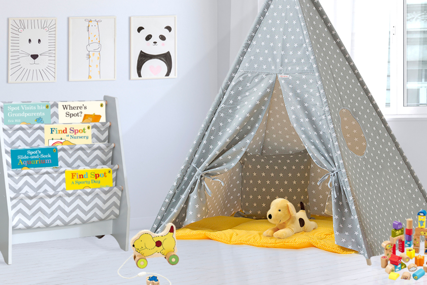 A photo of a star patterned play tent with a Spot the dog plushie inside, surrounded by other toys, as well as a bookshelf with a selection of Spot the dog books